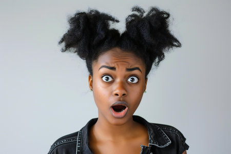 Close up portrait of a shocked young african american woman against gray backgroundの素材