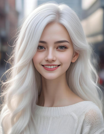 Portrait of a beautiful blonde girl with long hair in the cityの素材