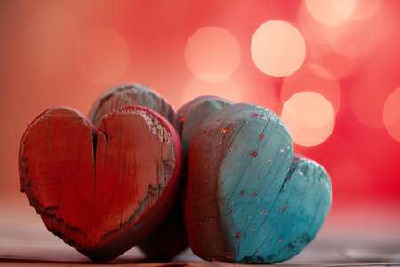 Two wooden hearts on a red background with bokeh effect.の素材