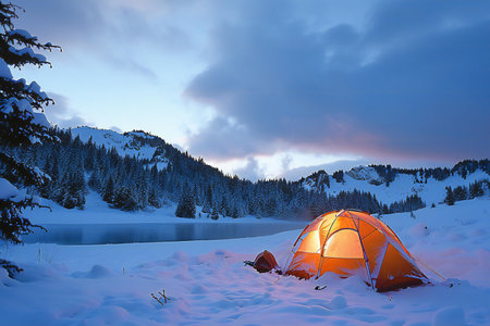 Camping on the shore of a mountain lake in the winter.の素材