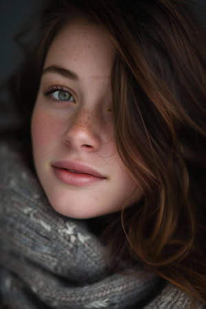 Portrait of a beautiful young woman with brown hair in a gray sweaterの素材