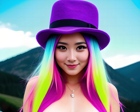 portrait of a beautiful asian girl with colorful hair and hatの素材