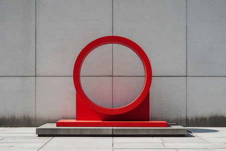 Red round podium in front of a gray wall.の素材
