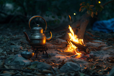 Kettle on the fire in the forest at night, Thailand.の素材