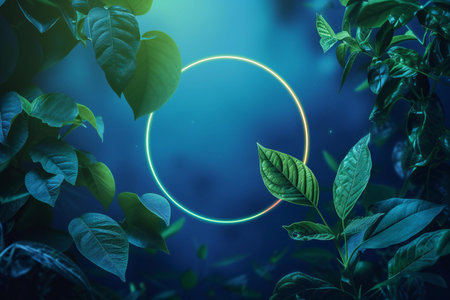 Green leaves with neon circle in the dark.の素材