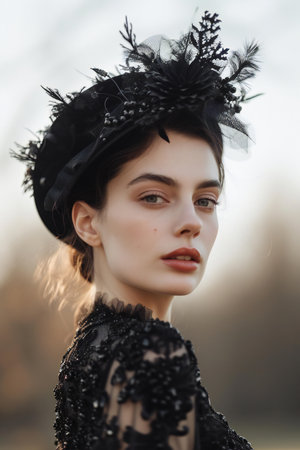 Portrait of a beautiful girl in a black dress and black hatの素材