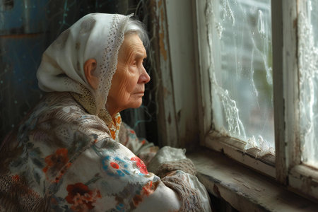 Portrait of an elderly woman sitting near the window at home.の素材