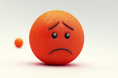 Funny orange with sad face on white background.の素材