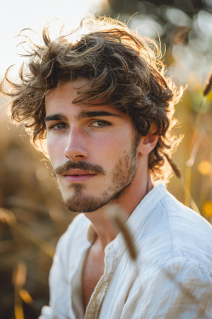 Portrait of a handsome young man with long curly hair in a white shirt.の素材