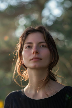 Portrait of a beautiful young woman with long brown hair and frecklesの素材