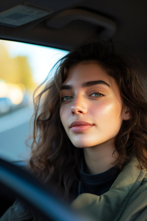 Portrait of a beautiful young woman with curly hair in the carの素材