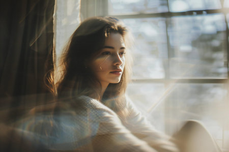 Portrait of a beautiful young woman with long hair looking out the windowの素材