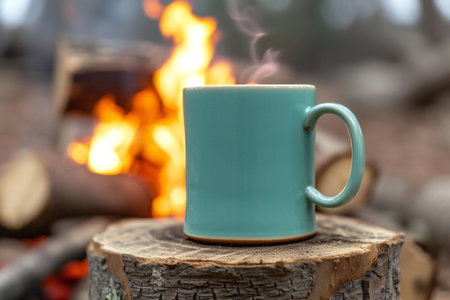 Cup of hot drink on a log in front of the fireの素材