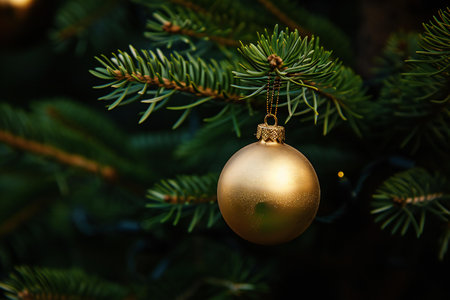 Christmas tree decoration, golden ball hanging on a branch of Christmas treeの素材