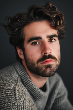 Portrait of a handsome young man in a gray sweater on a dark backgroundの素材