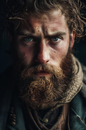 Close-up portrait of a man with a beard and wet hairの素材