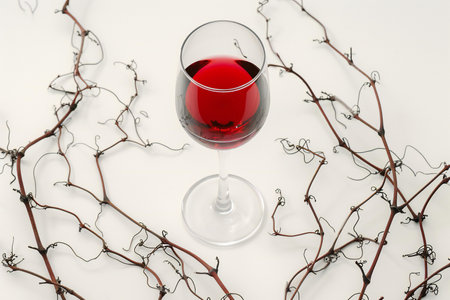 Glass of red wine and vine branches on white background, closeupの素材