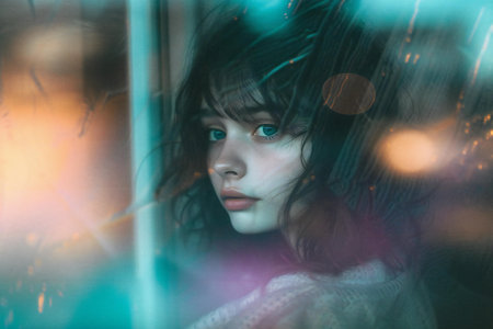 Beautiful young woman looking through the window in the rain at nightの素材