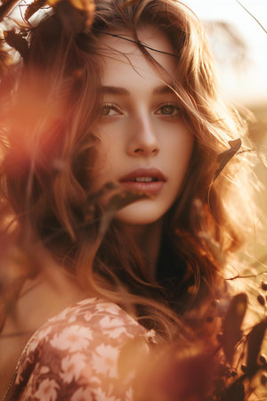 Beautiful young woman in the autumn forest. Beauty, fashion.の素材