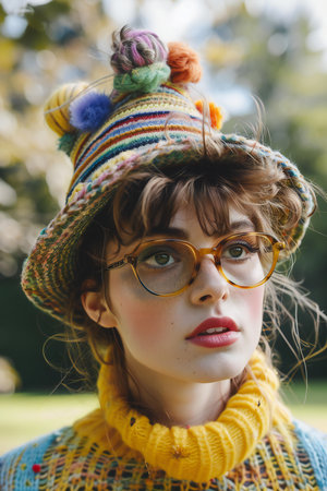Portrait of a beautiful young woman in a hat and glasses.の素材