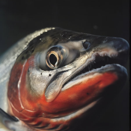 Close up of the head of a salmon in a fish tank.の素材