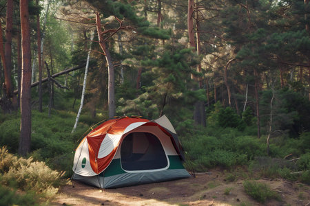 Camping tent in the pine forest. Camping in the forest.の素材