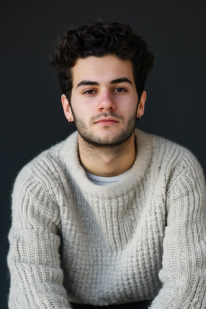 Portrait of a handsome young man with curly hair in a white sweaterの素材