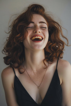 Portrait of a beautiful young woman with curly red hair and frecklesの素材