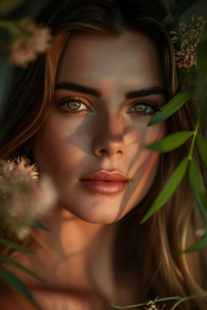 Portrait of beautiful young woman with makeup and hairstyle in green gardenの素材