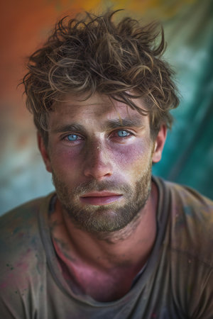 Portrait of a young man with dirty face. Holi festival.の素材