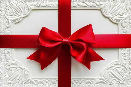 Gift box with red ribbon and bow on the white background.の素材