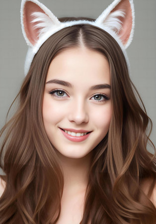 Portrait of a beautiful young woman with long brown hair in bunny earsの素材