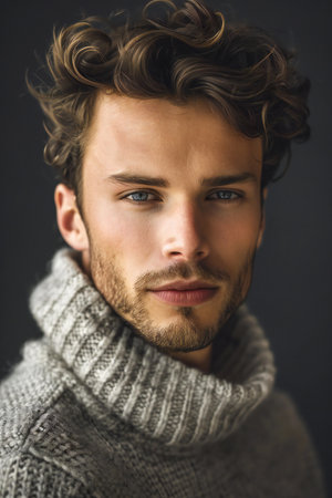 Portrait of a handsome young man in a gray sweater and scarfの素材