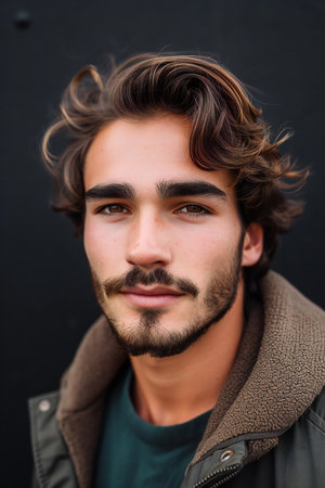 Portrait of a handsome young man with long hair and beard.の素材