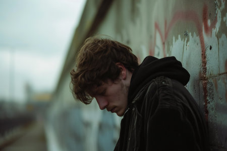 Young man in a black jacket and hoodie in an urban contextの素材