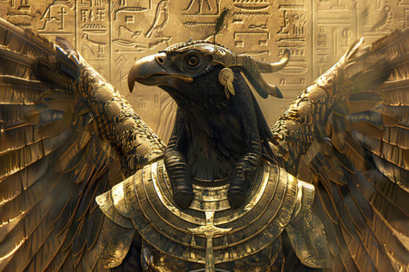 Golden eagle on ancient hieroglyphic background, closeup of photoの素材