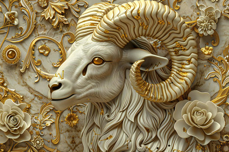 a ram head with golden ornament on a marble backgroundの素材