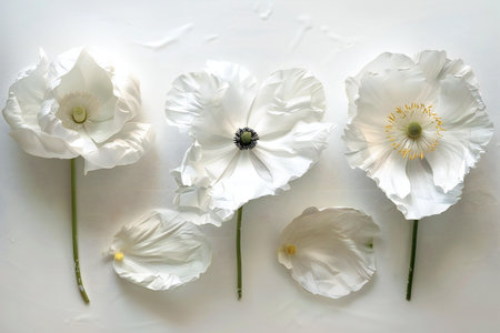 White poppies on a white background. Flat lay, top view.の素材