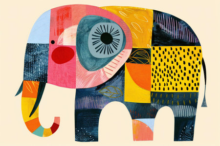 Hand-drawn illustration of an elephant with abstract patterns on a light backgroundの素材