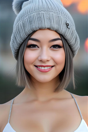 Portrait of a beautiful asian girl in a knitted hat.の素材