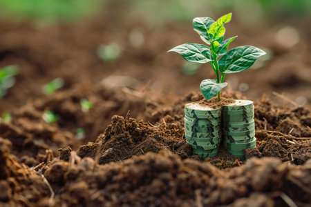 Green seedling growing from pile of coins on fertile soil background.の素材