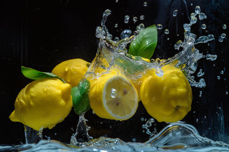 Lemons in water with splash on black background, studio shotの素材