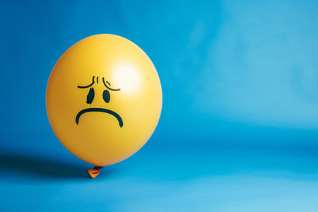 Funny balloon with a sad face on a blue background. The concept of depression and sadness.の素材