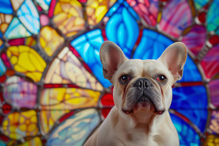 French bulldog looking at the camera on a background of stained glassの素材