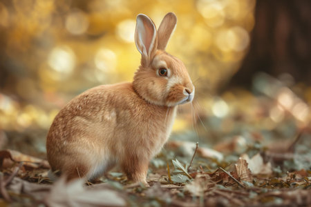 Cute little rabbit on autumn forest background, closeup of photoの素材