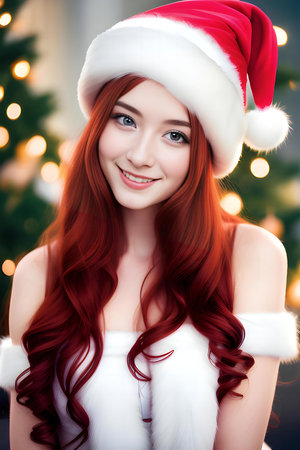 beautiful redhead girl in santa hat over christmas backgroundの素材