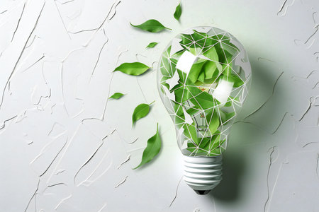 Glass light bulb with green leaves on color background, eco energy conceptの素材