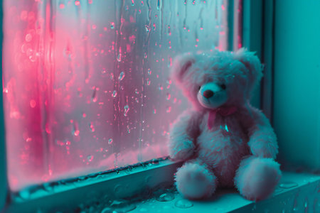 Teddy bear sitting on the windowsill with raindrops on the glassの素材