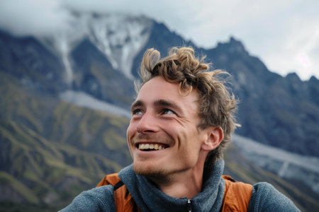Portrait of a young man against the background of the mountains.の素材