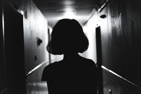 Silhouette of a woman in a dark corridor. The girl looks into the distance.の素材